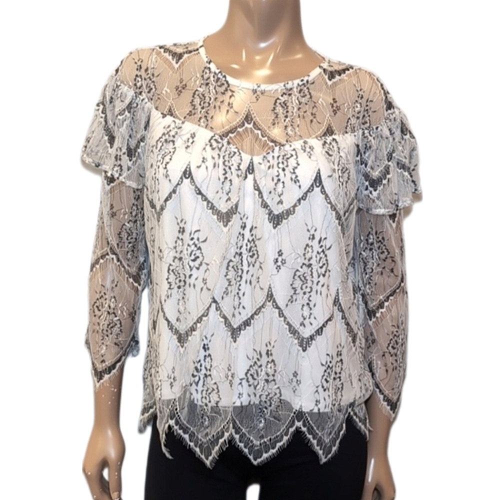 HIGHLINE COLLECTIVE Gothic Lace Blouse Sheer Illusion Tiered Ruffled Vamp Mesh